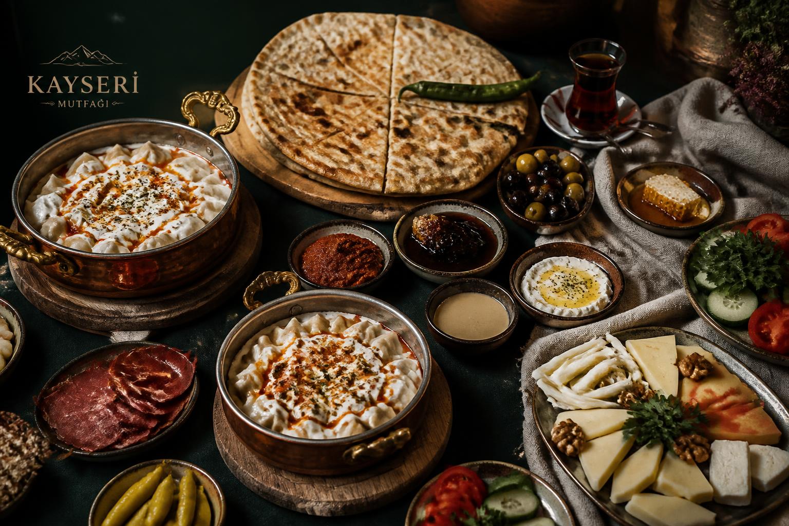 Kayseri mantısı, yağlama ve serpme kahvaltı sofrası